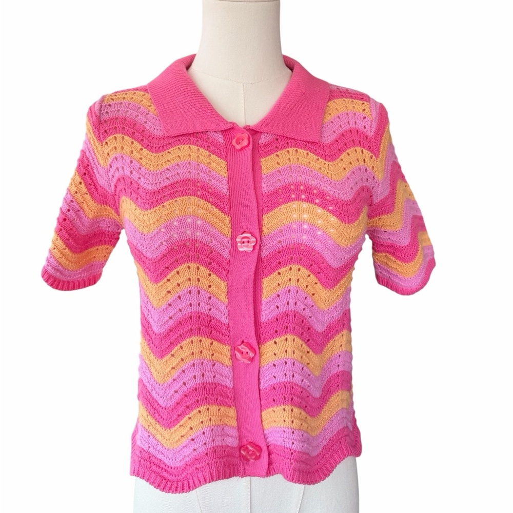 Sincerely Jules Pink Crochet Wave Cardigan Top Size S